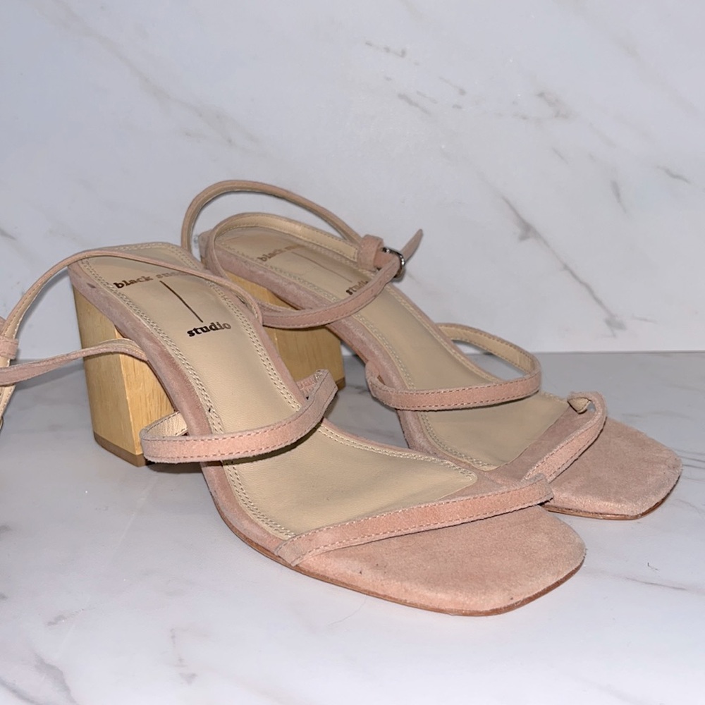 Black suede studio Verana nude fabric strappy heels sandals sz 6